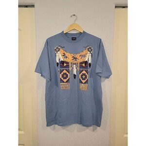 Vintage Diamond Dust T-Shirt Tee Blue Southwestern Indian horses Print Sz XL